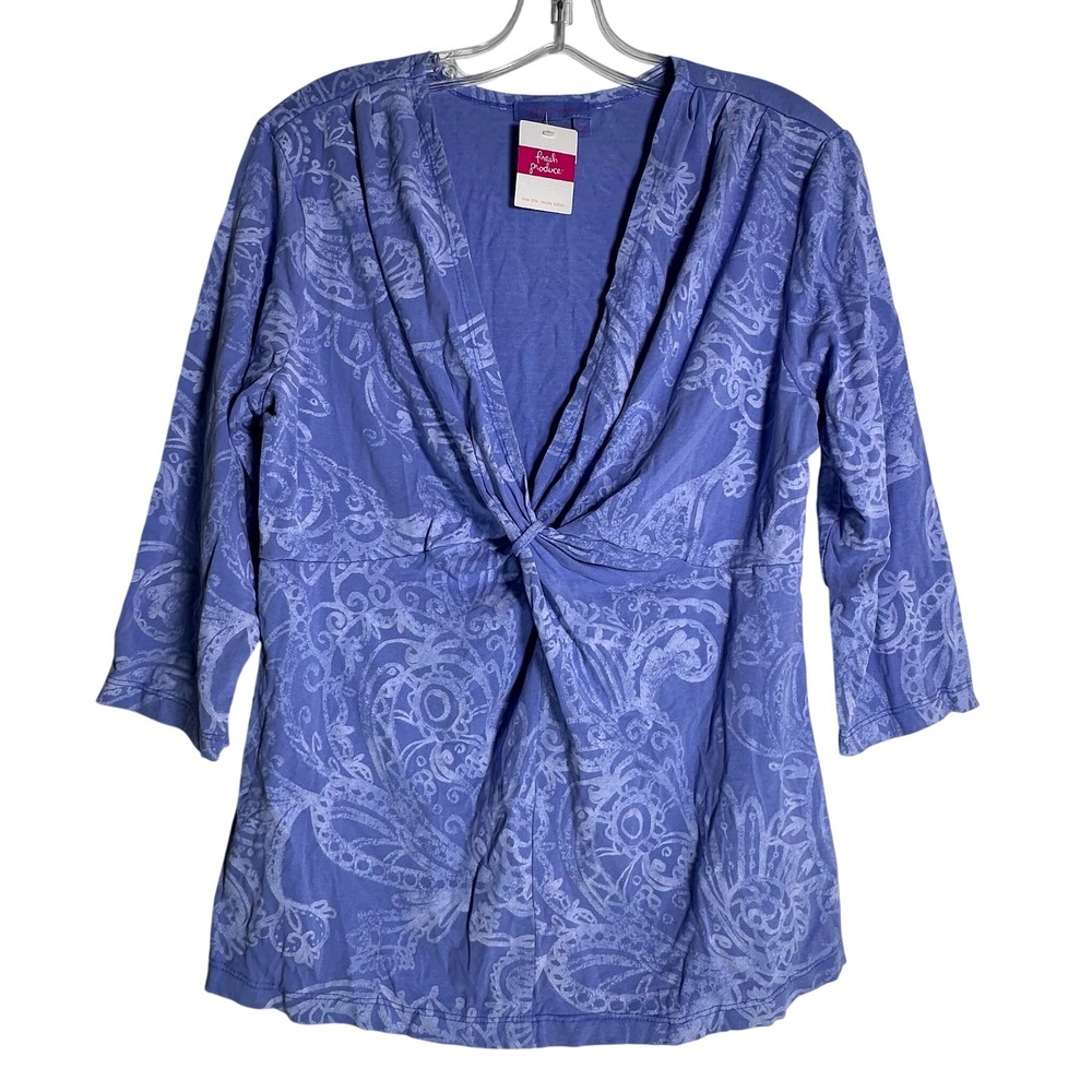 Fresh Produce Mystic Twist Front Top XL Purple‎ Paisley 3/4 Sleeve Made in USA